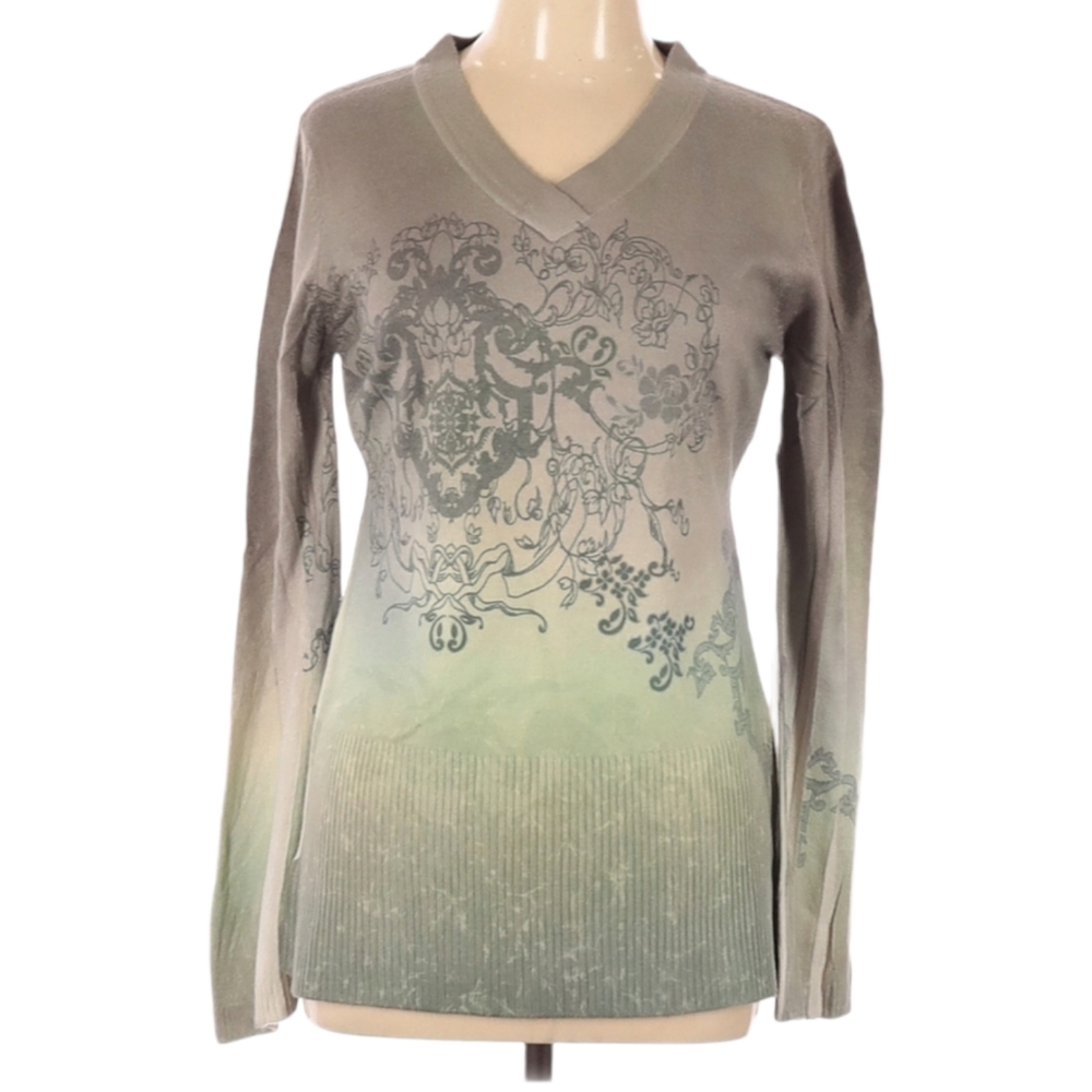 Lapis Pullover Sweater Size L Green Gray Long Sleeve V-Neck Abstract‎ Design